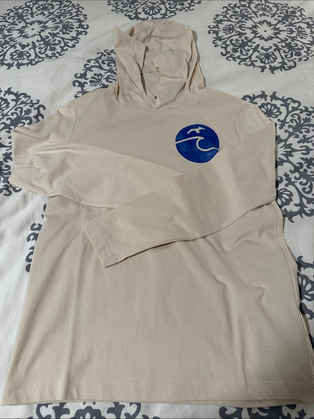 Old Navy Beige Long Sleeve Hoodie with Blue Wave Logo